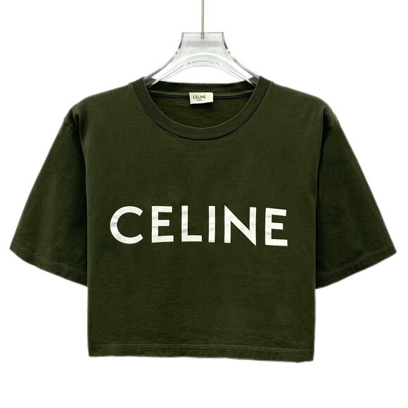 DW0109 Celine dark green logo print round neck short sleeve T-shirt XS size